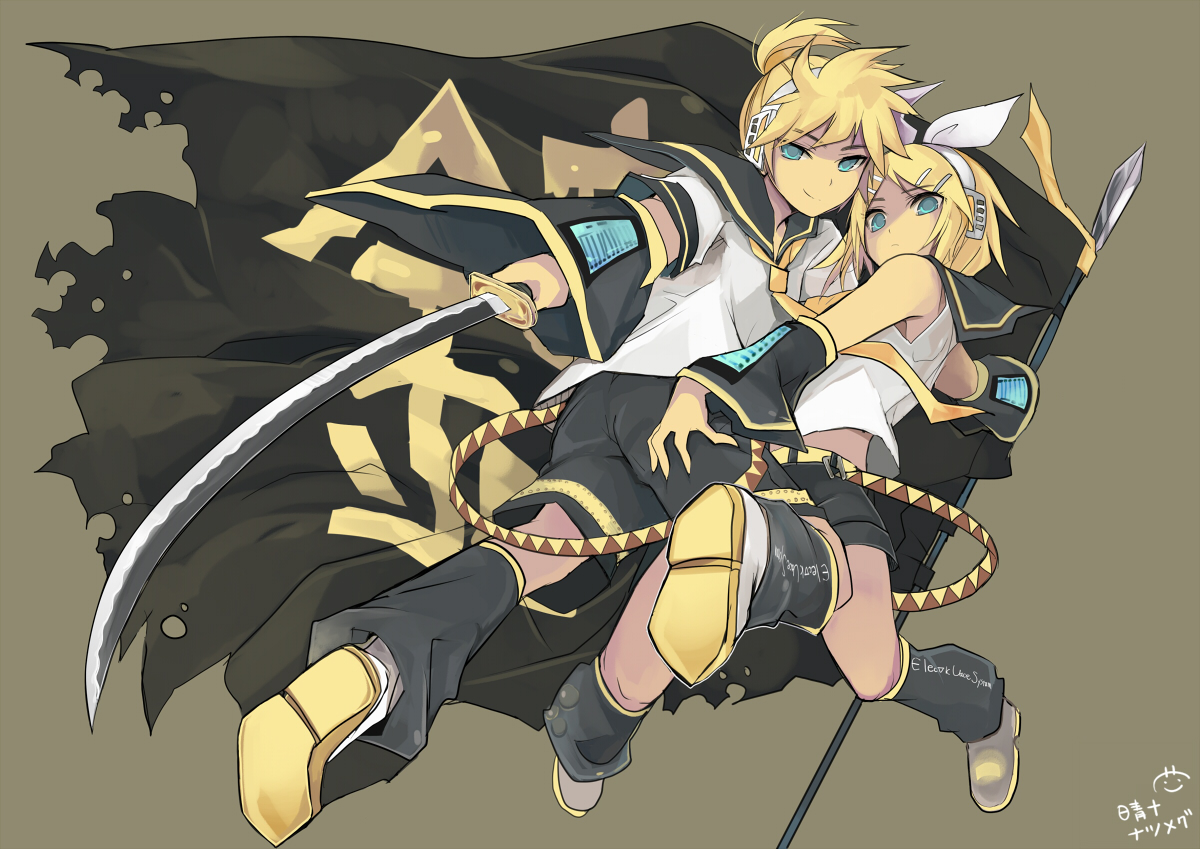 aqua_eyes, blonde_hair, headphones, kagamine_len, kagamine_rin, katana, male, seiju_natsumegu, short_hair, sword, vocaloid, weapon