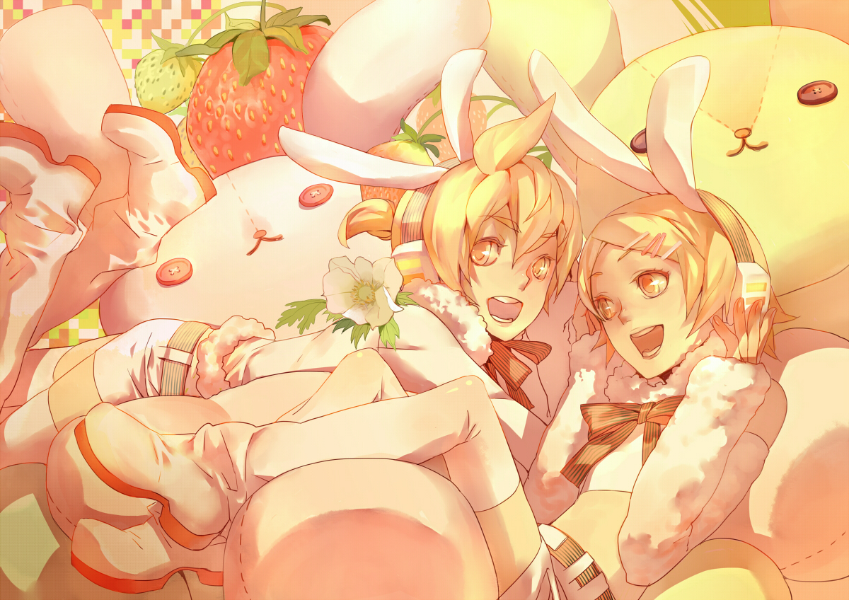 animal_ears, food, fruit, headphones, kagamine_len, kagamine_rin, male, shishio, strawberry, vocaloid