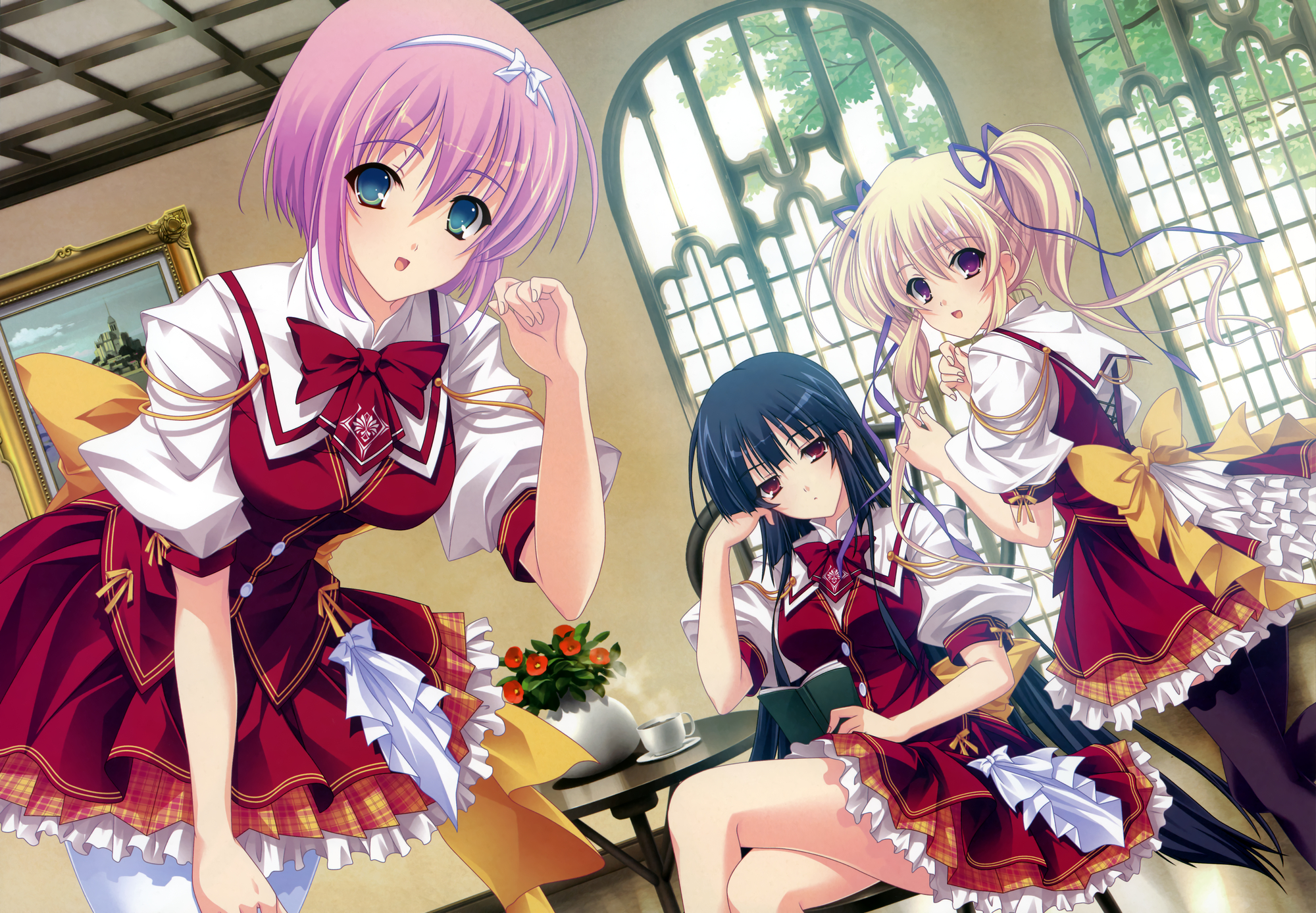 black_hair, blonde_hair, blue_eyes, book, drink, enatsu_ayame, flowers, hoshikawa_maiki, kimi_wo_aogi_otome_wa_hime_ni, long_hair, maid, pantyhose, pink_hair, purple_eyes, red_eyes, ribbons, satou_satoru, school_uniform, short_hair, takamine_kana, thighhighs, twintails