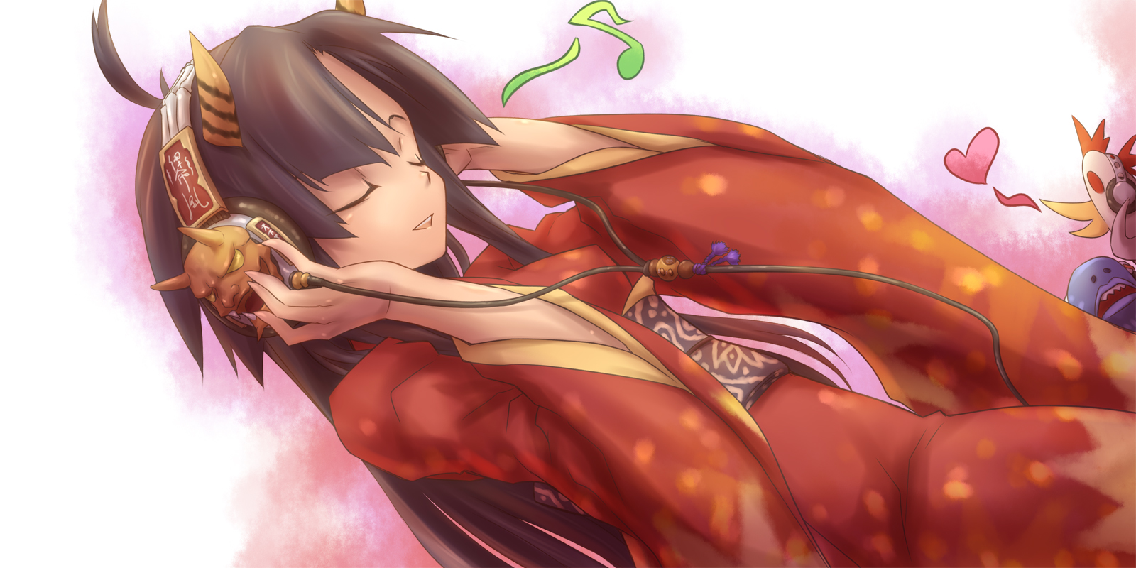 animal, headphones, hinomoto_oniko, horns, japanese_clothes, kimono, long_hair, original, tsukigami_chronica