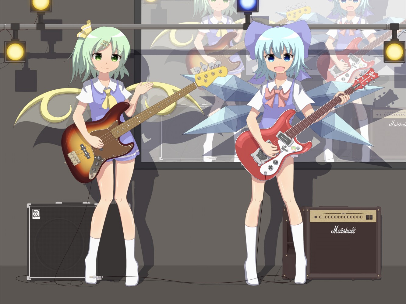 2girls, blue_eyes, blue_hair, bow, cirno, daiyousei, dress, fairy