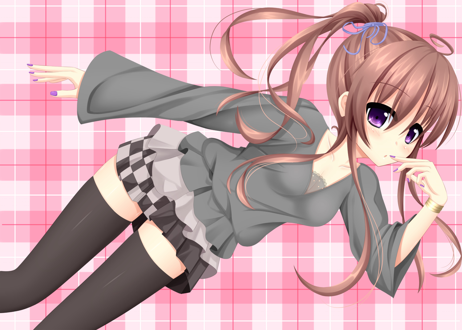 brown_hair, long_hair, masiroke, original, purple_eyes, skirt, thighhighs