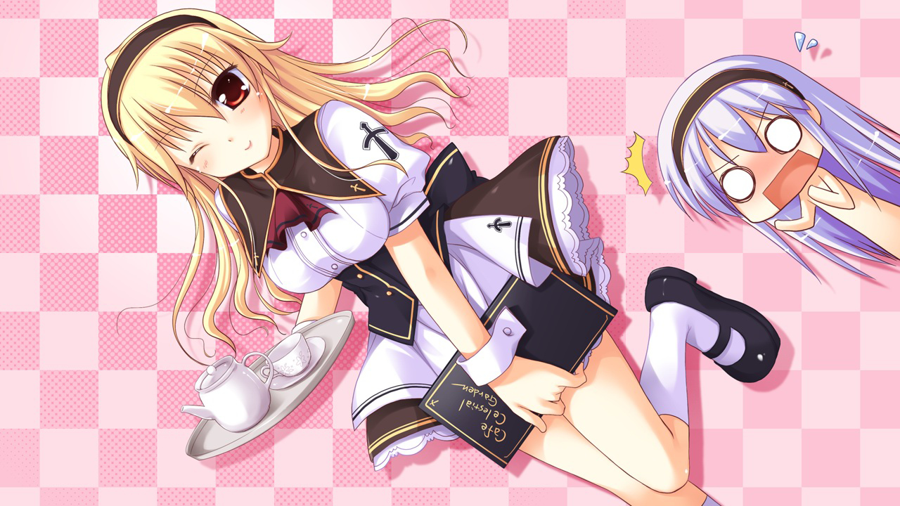 blonde_hair, chelsea_arcot, game_cg, purple_hair, shelley_maycraft, shukufuku_no_campanella, tagme, waitress