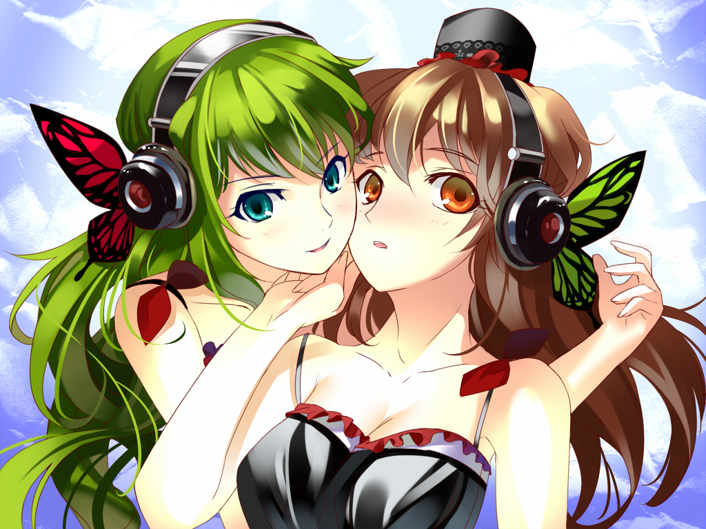 2girls, aqua_eyes, brown_hair, green_hair, hat, headphones, long_hair, magnet_(vocaloid)