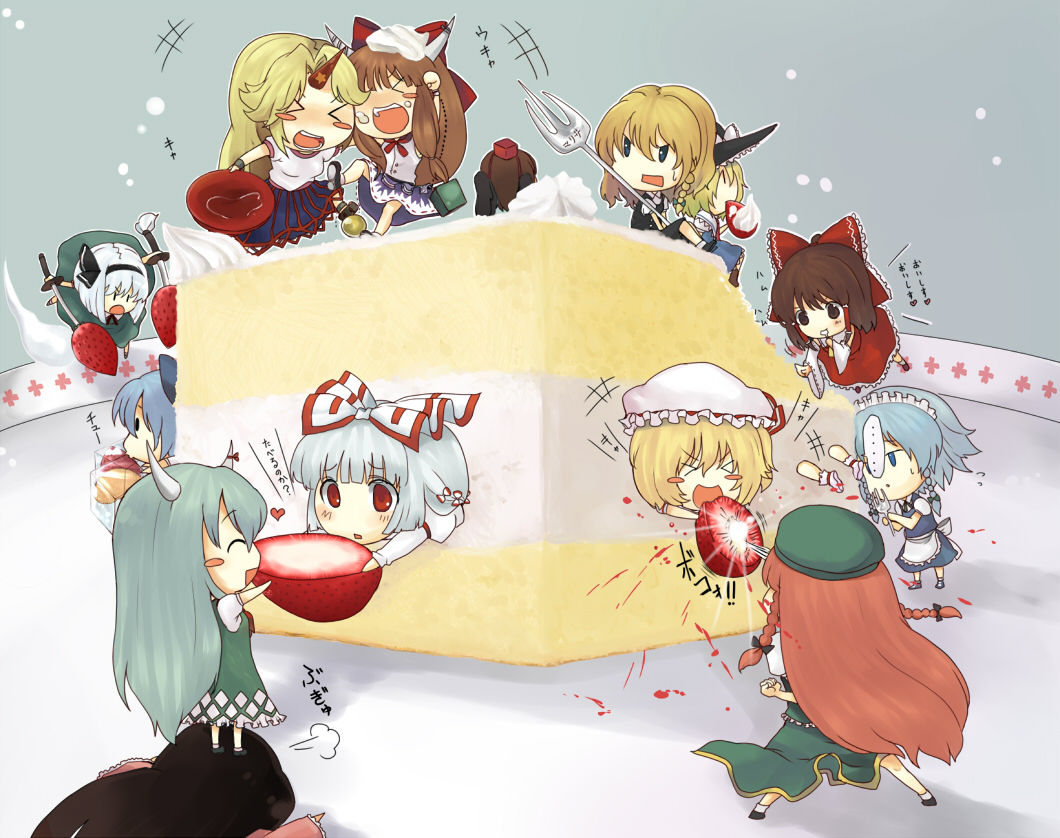 aki_(mare_desiderii), alice_margatroid, cake, chibi, cirno, ex_keine, flandre_scarlet, food
