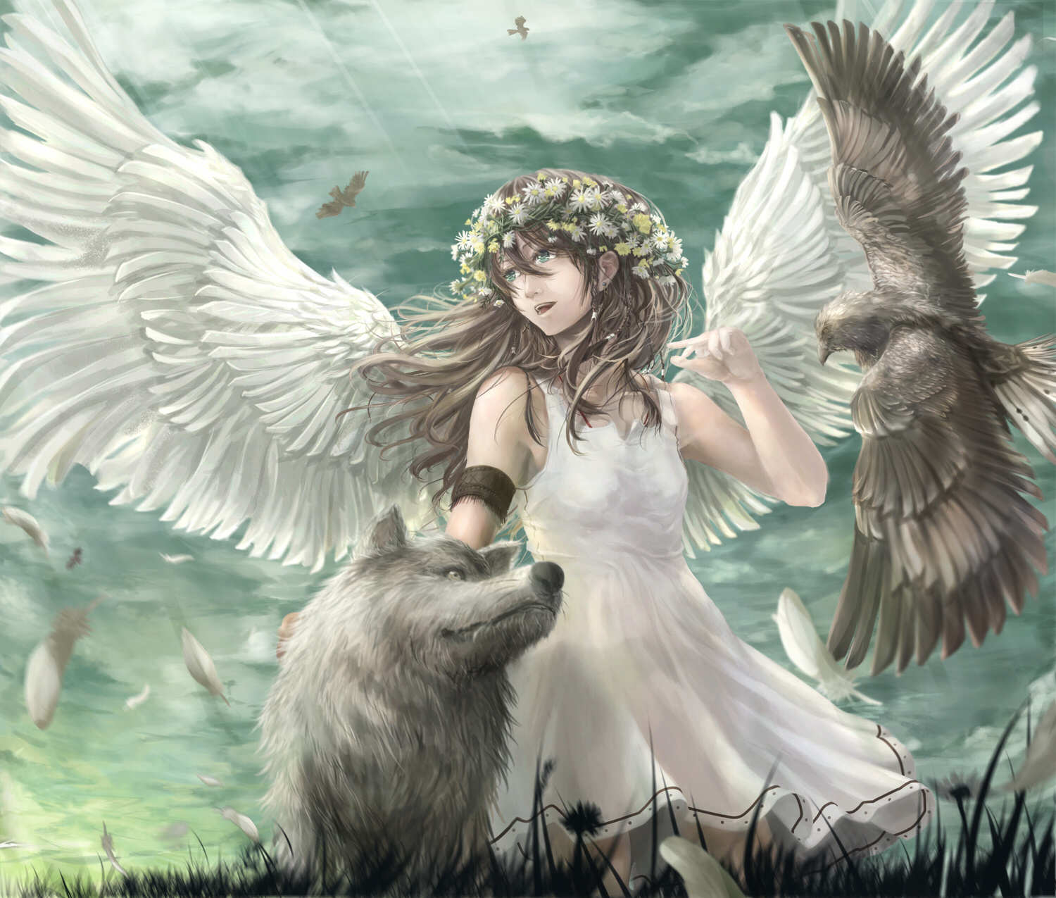 animal, bird, brown_hair, dress, feathers, flowers, original, sky