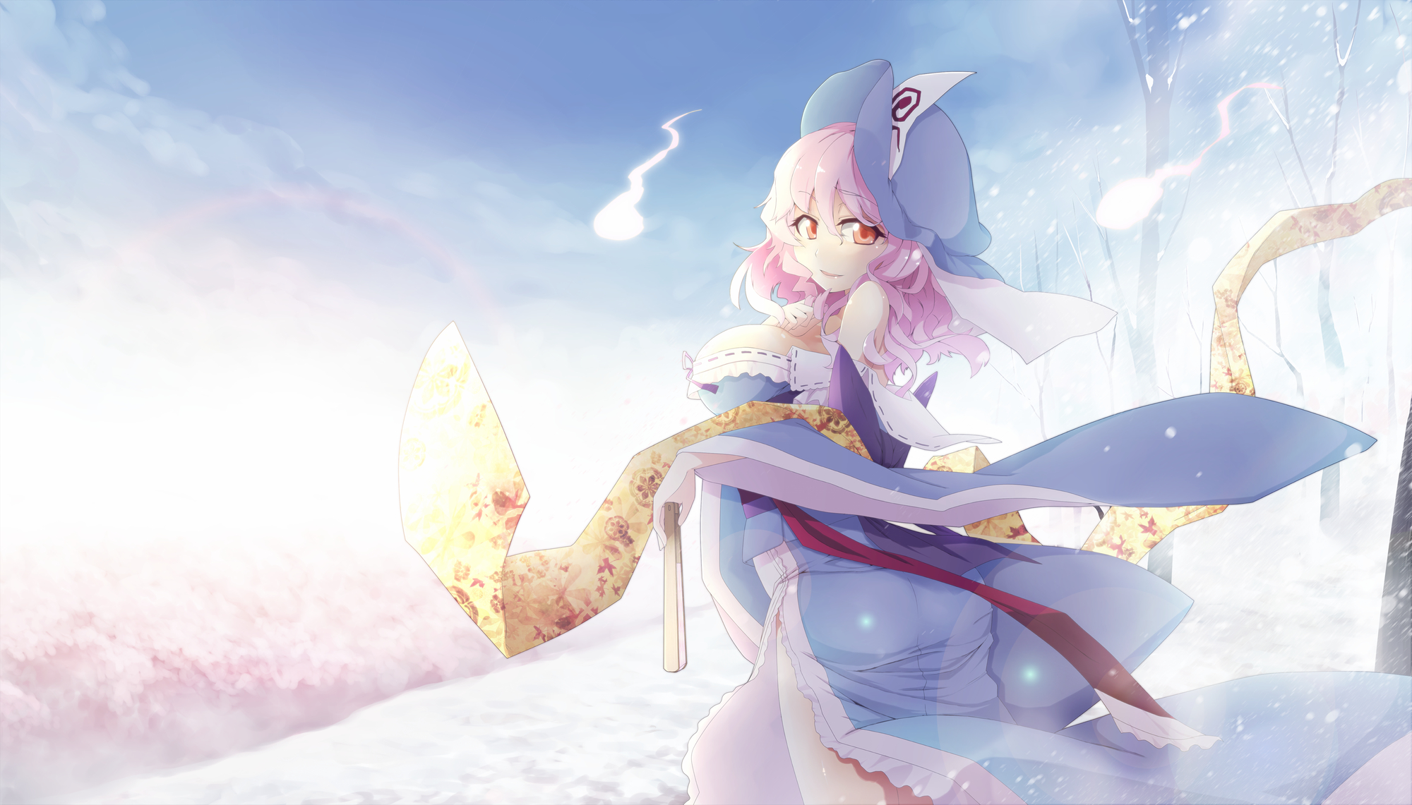 breasts, dress, fan, hat, orange_eyes, oyaji_kusa, pink_hair, ribbons