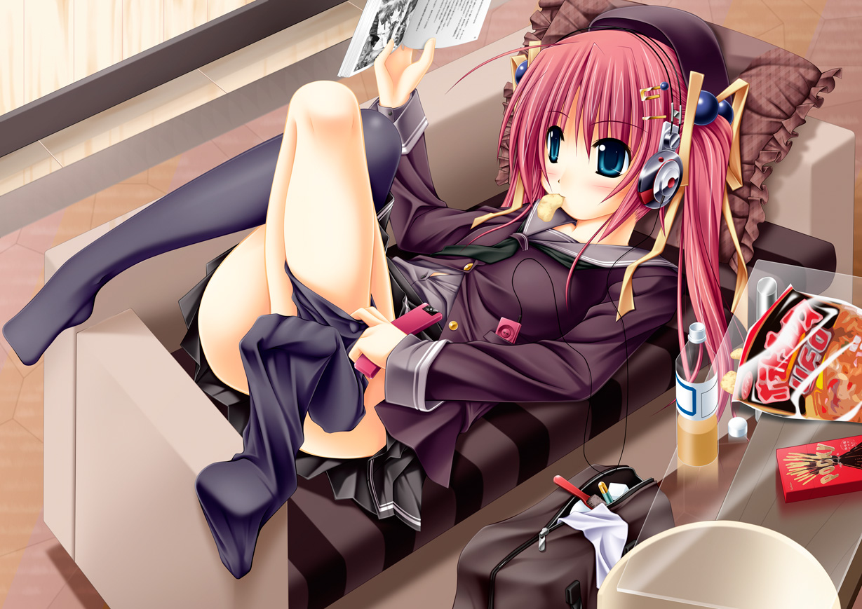 blue_eyes, book, food, headphones, ipod, kai_yuuki, long_hair, phone, pink_hair, pocky, school_uniform, skirt, thighhighs, twintails