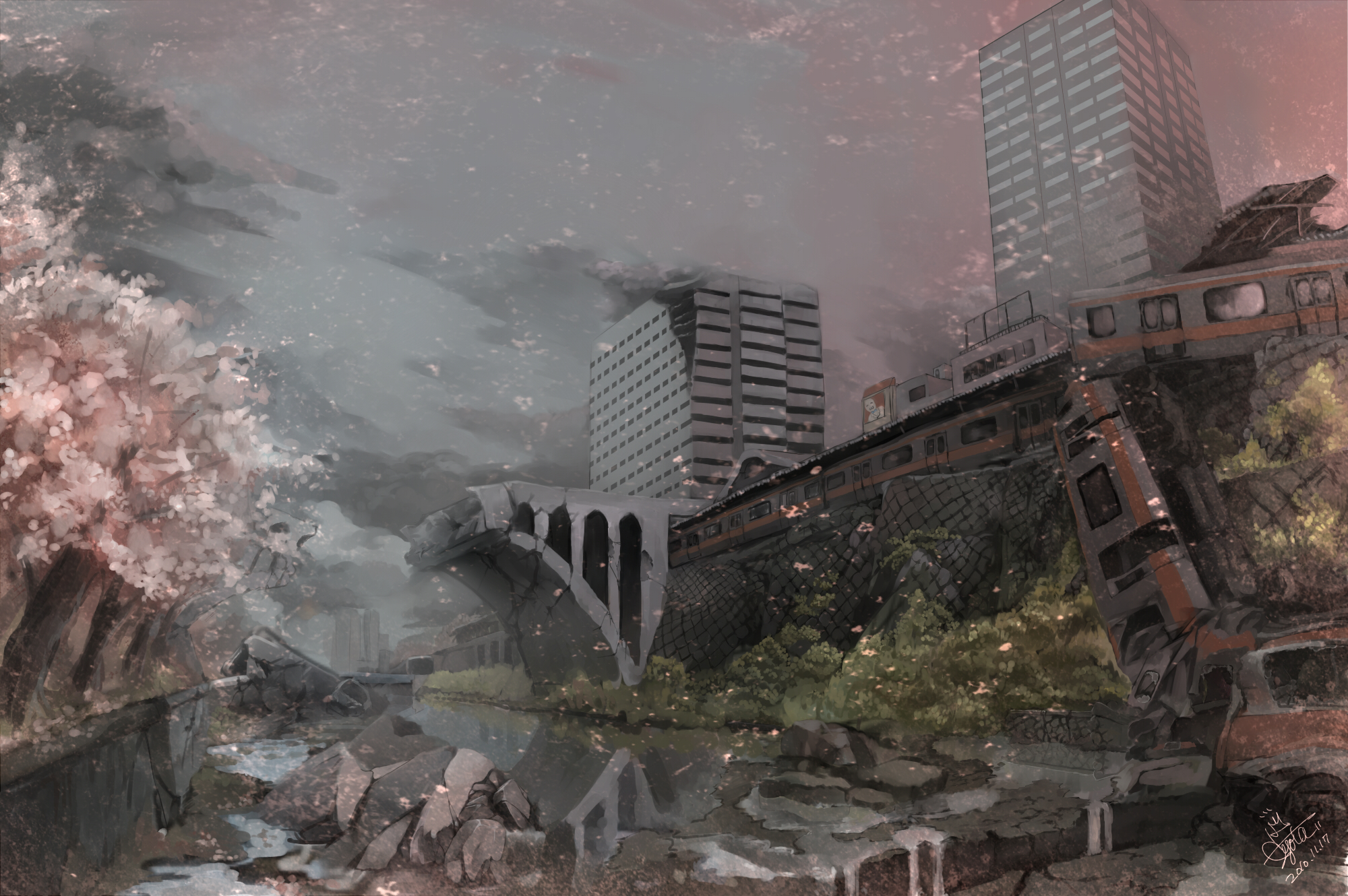 cherry_blossoms, flowers, original, petals, ruins, scenic, takio, train, tree