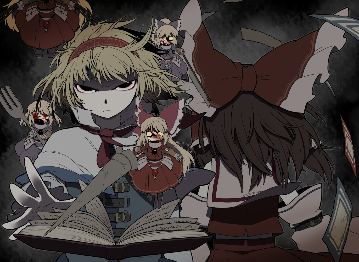alice_margatroid, bandage, blood, book, dark, doll, hakurei_reimu, hourai, japanese_clothes, mage, miko, ofuda, shanghai_doll, touhou, ume_(noraneko)