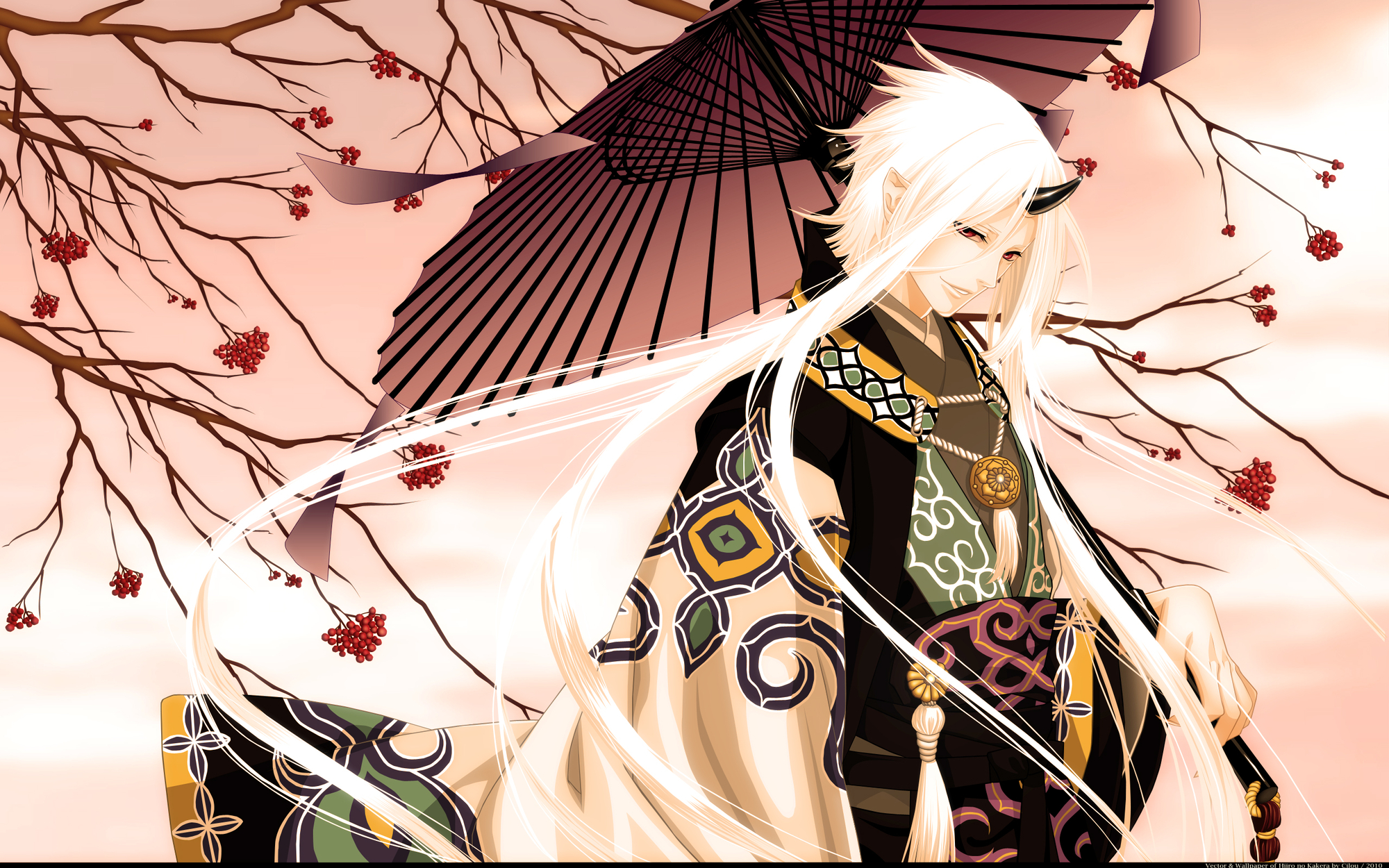 all_male, hiiro_no_kakera, horns, japanese_clothes, male, pointed_ears, tree, umbrella