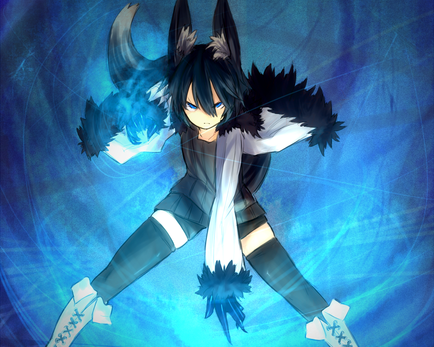 animal_ears, black_hair, blue_eyes, foxgirl, ganesagi, nanako_(ganesagi), original, short_hair, tail, thighhighs