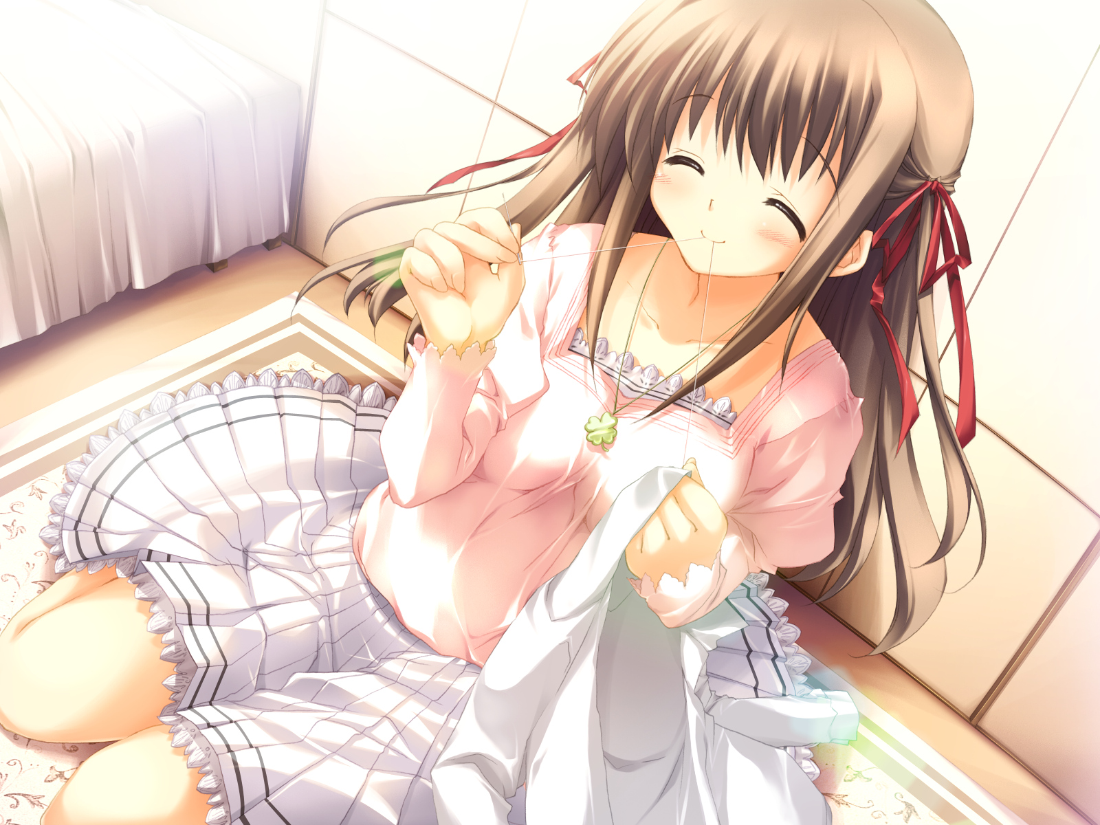 blush, brown_hair, dress, game_cg, kiss_x_demon_lord_x_darjeeling, marmalade, nanase_yuuna, takanae_kyourin