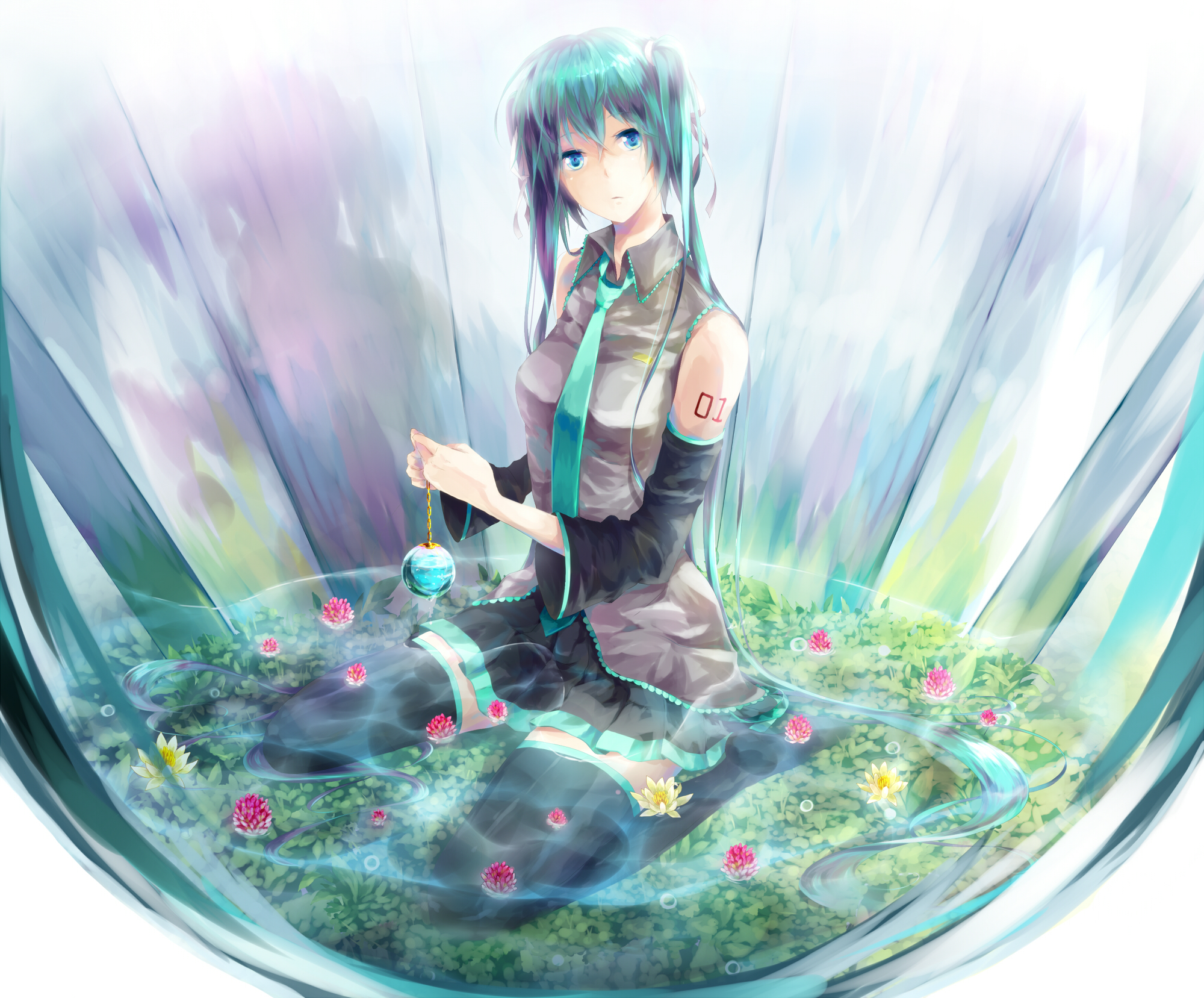 flowers, hatsune_miku, sakumochi, vocaloid, water