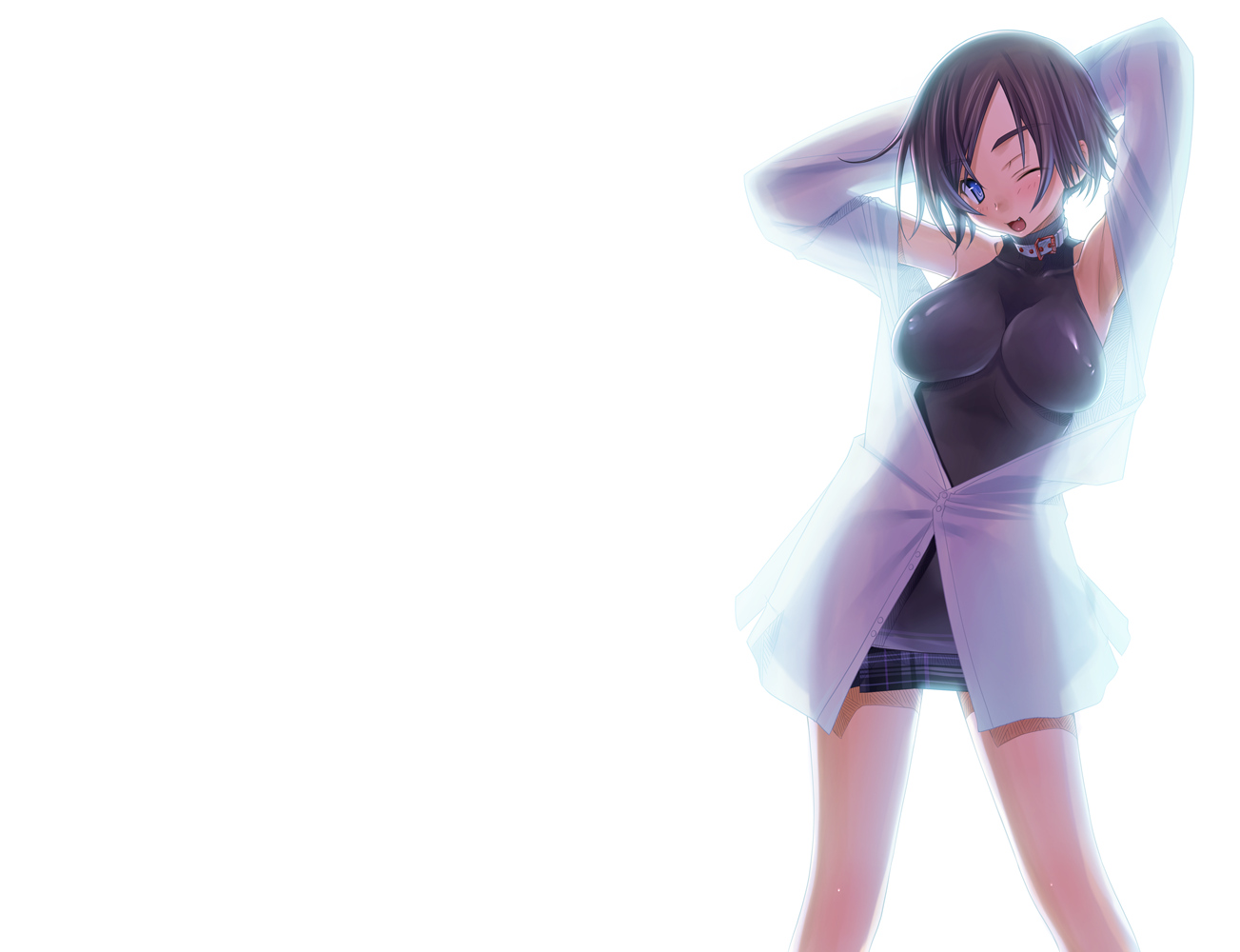 black_hair, blue_eyes, blush, breasts, brown_hair, collar, erect_nipples, original