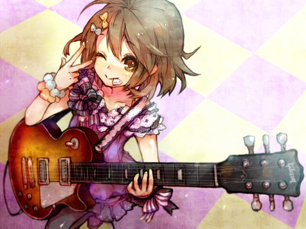 ameiro, brown_eyes, brown_hair, guitar, hirasawa_yui, instrument, k-on!, wink