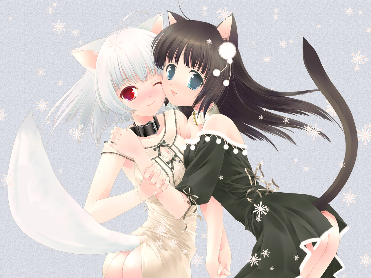 2girls, animal_ears, ass, black_hair, blue_eyes, catgirl, collar, dress, foxgirl, red_eyes, ribbons, snow, tail, third-party_edit, touto_seiro, white_hair