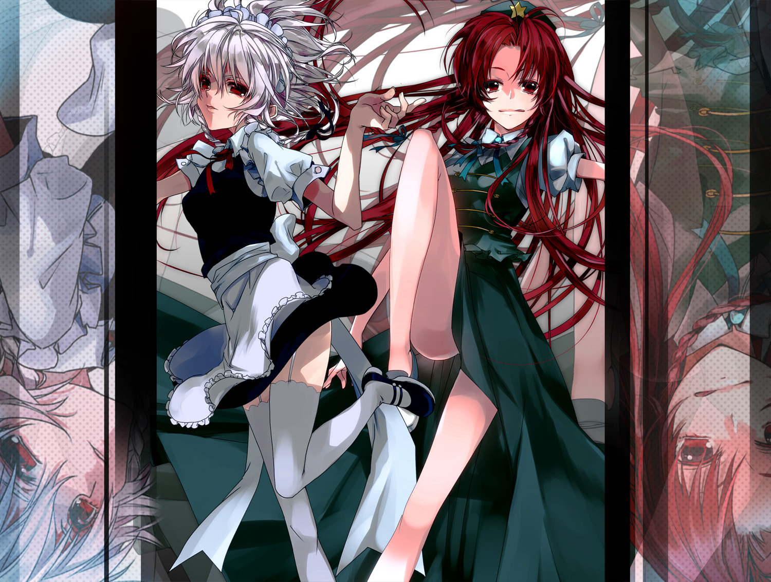 gray_hair, hat, hong_meiling, izayoi_sakuya, long_hair, maid, manya_(mohu_is-mine), red_eyes