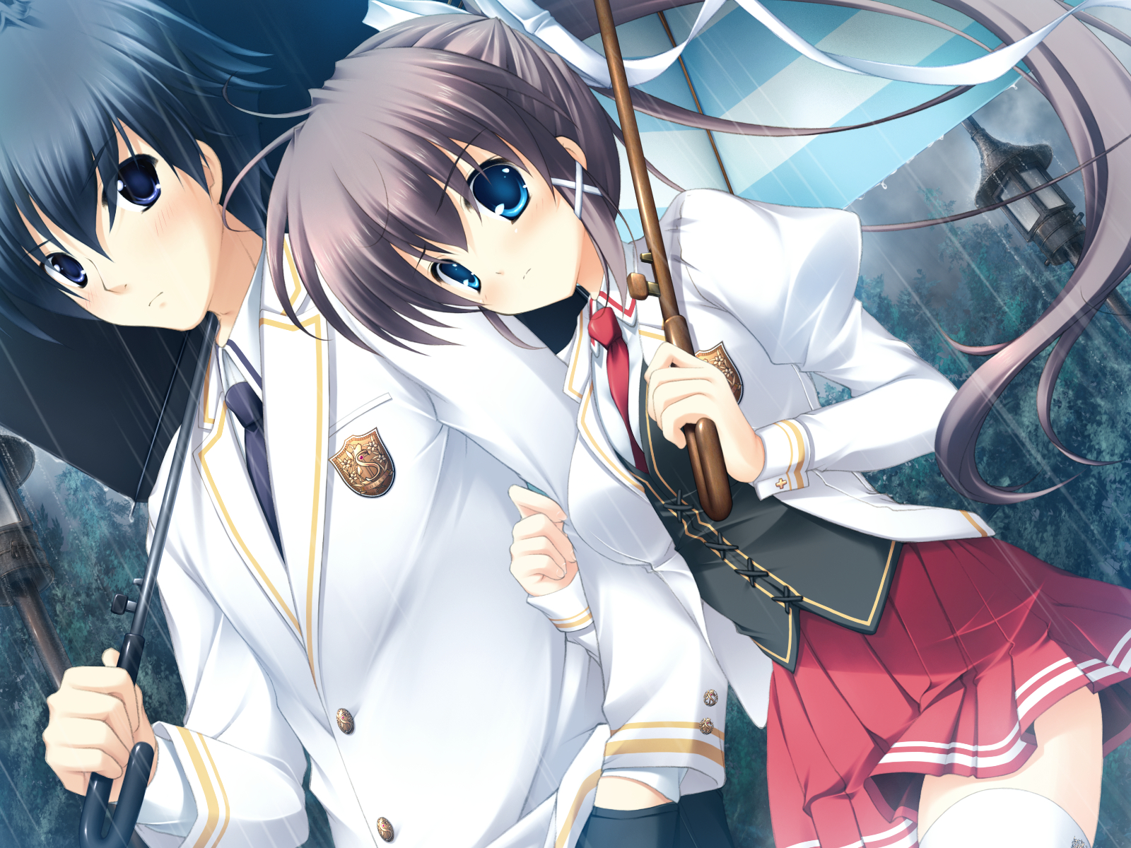blue_eyes, blush, game_cg, kiss_x_demon_lord_x_darjeeling, marmalade, mikeou, rain, school_uniform