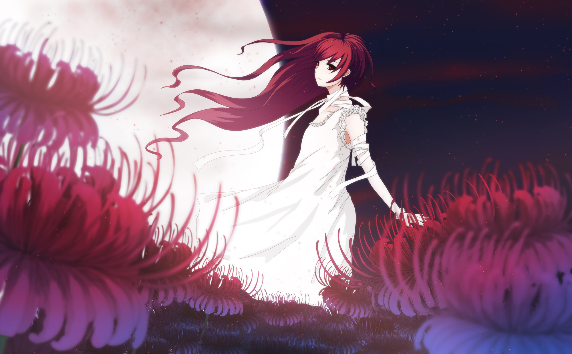 bandage, delant, dress, flowers, long_hair, moon, red_hair, tagme