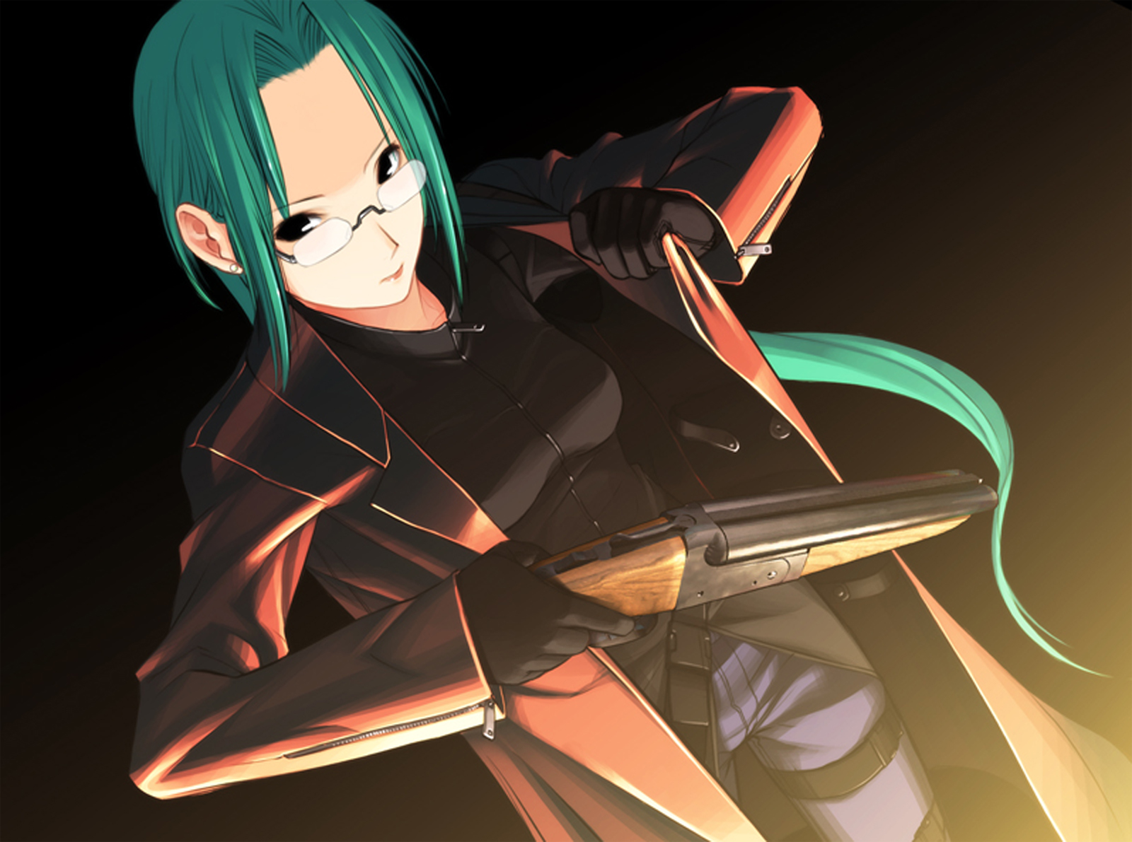 glasses, gloves, green_eyes, green_hair, gun, long_hair, saya_no_uta, tanbo_ryouko, weapon