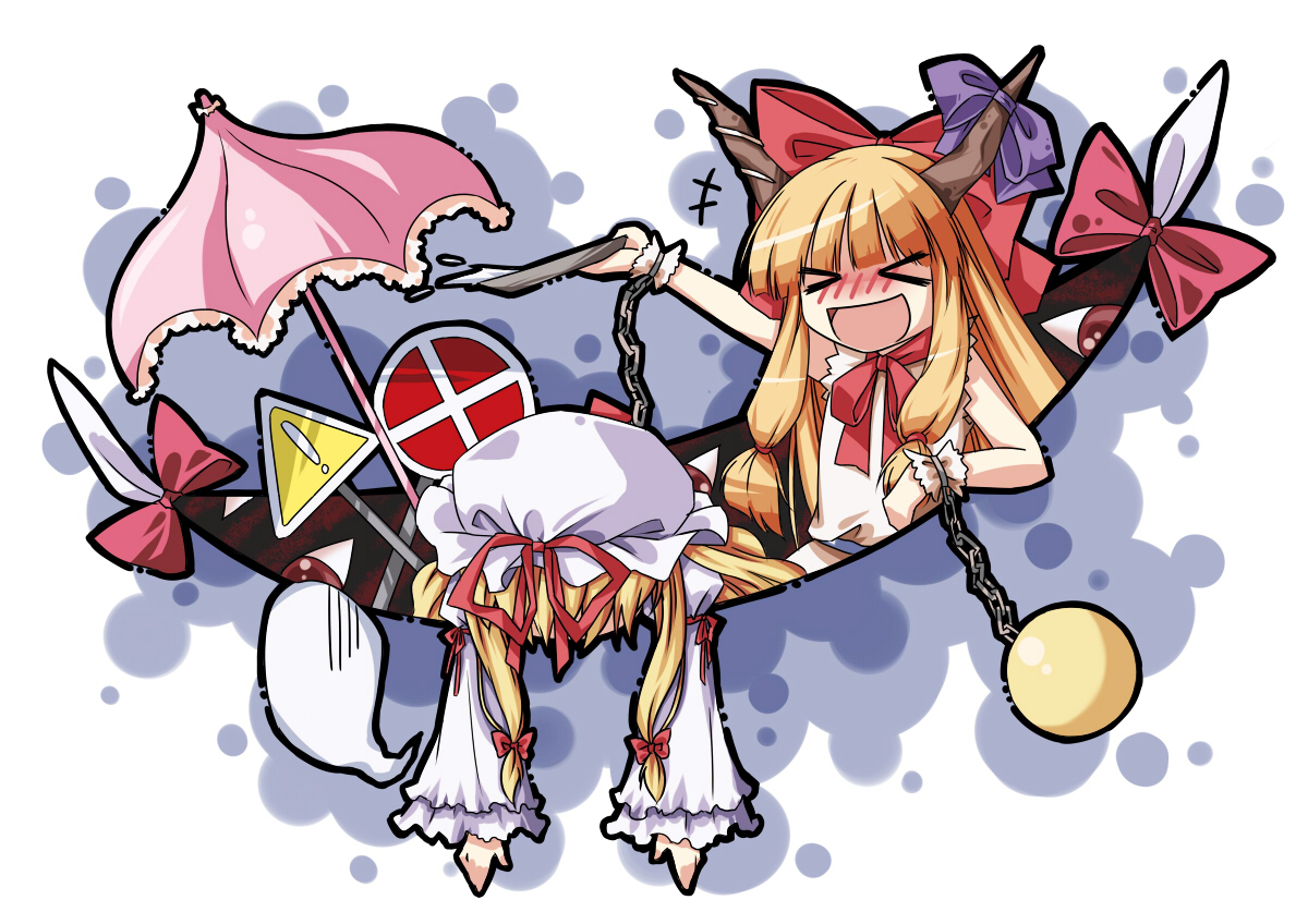 2girls, blush, chain, hat, horns, ibuki_suika, touhou, umbrella, yakumo_yukari, yui_(daijun)