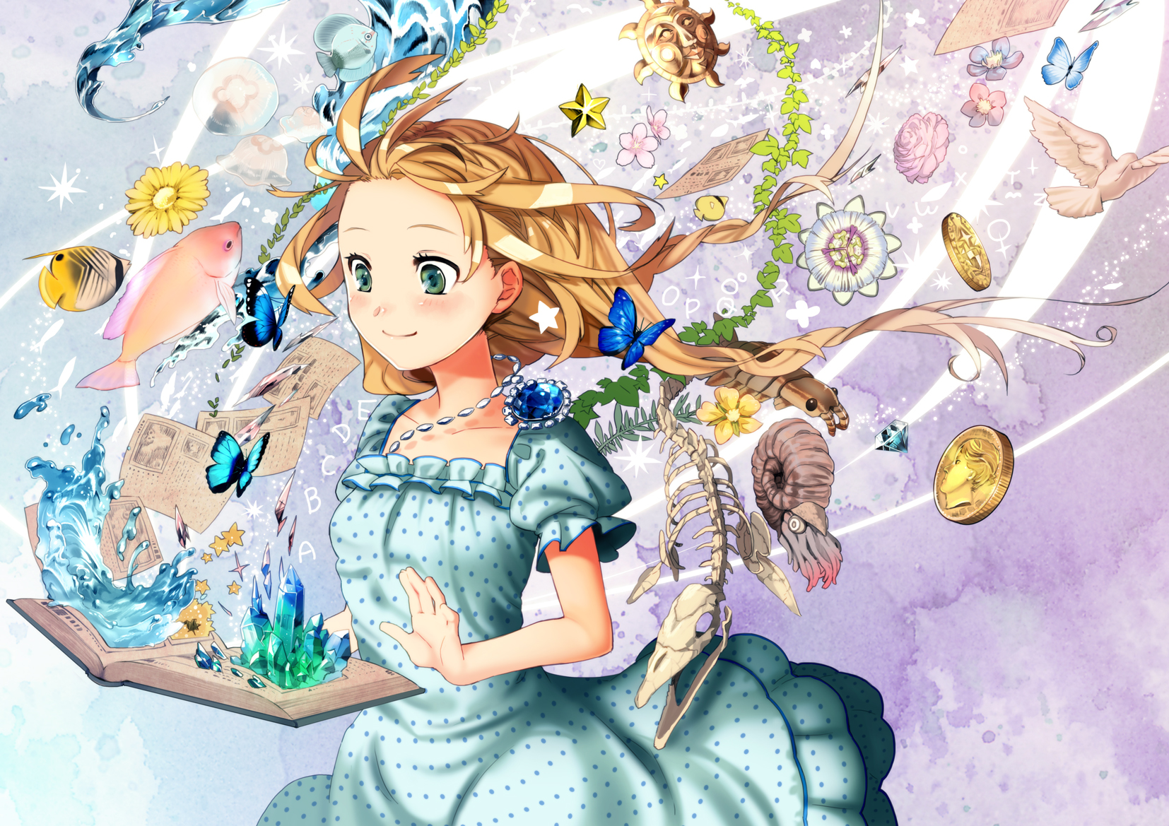 alice_in_wonderland, animal, bird, blonde_hair, book, brown_hair, butterfly, dress, fish, flowers, green_eyes, hatori_niwatori, kotetu, paper, stars, tagme, water