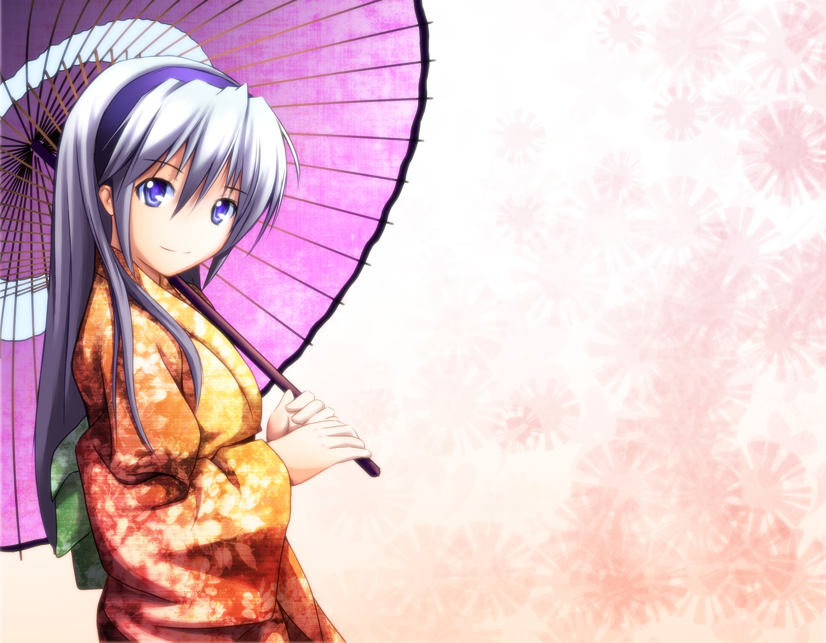 clannad, gray_hair, japanese_clothes, kimono, long_hair, sakagami_tomoyo, umbrella