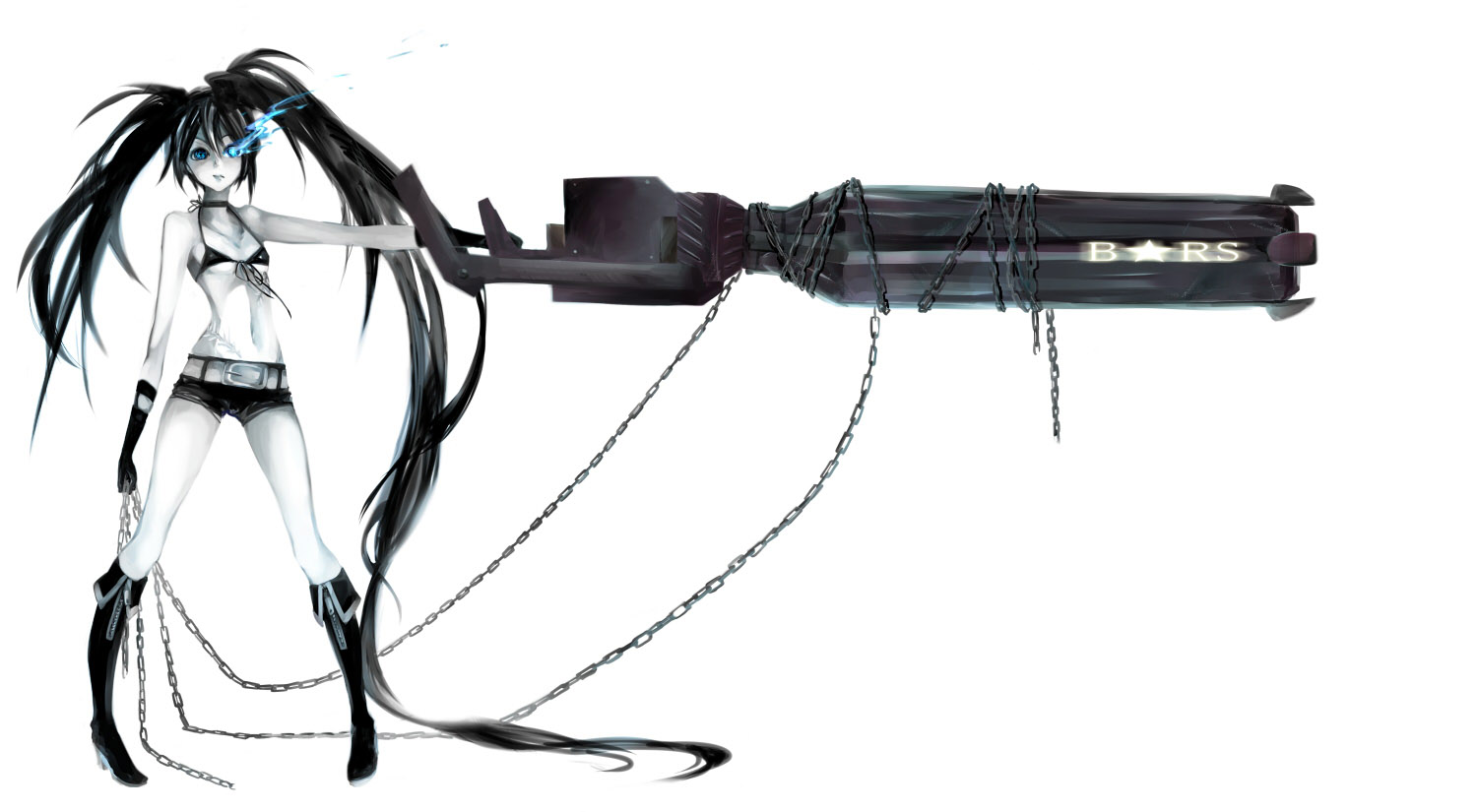 black_hair, black_rock_shooter, blue_eyes, boots, chain, gloves, gun, kuroi_mato