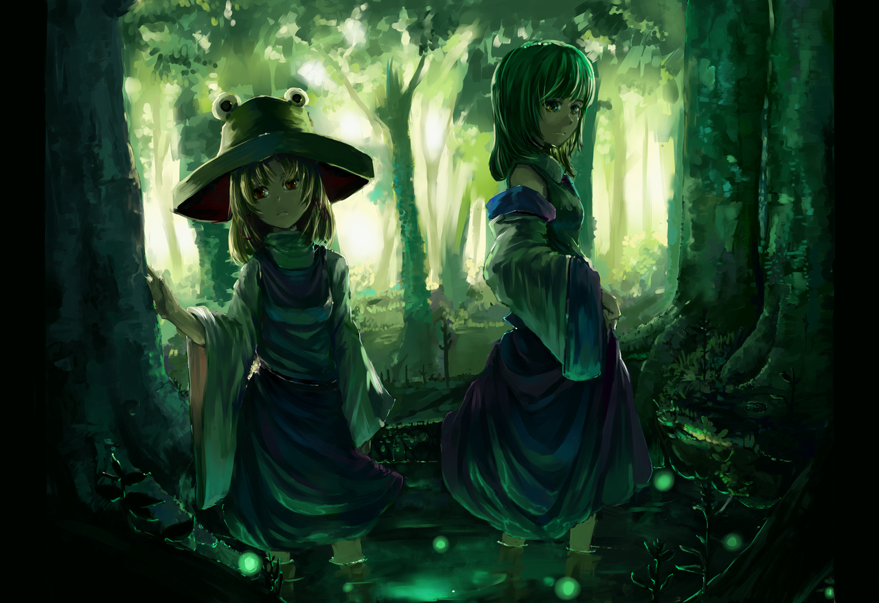 2girls, forest, japanese_clothes, kochiya_sanae, miko, moriya_suwako, relax, touhou