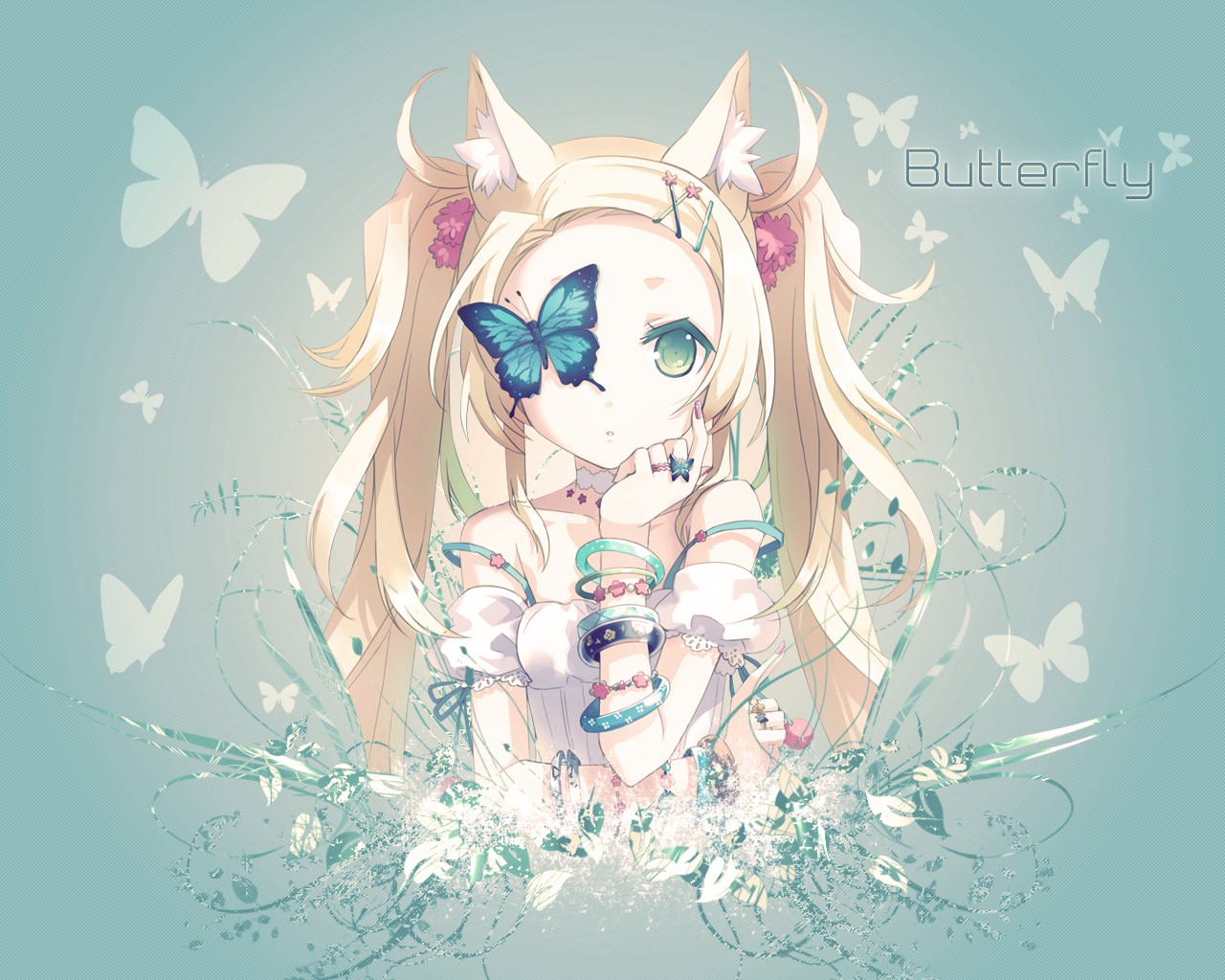 animal, animal_ears, blonde_hair, blue_eyes, catgirl, dress, h2so4, island_of_horizon