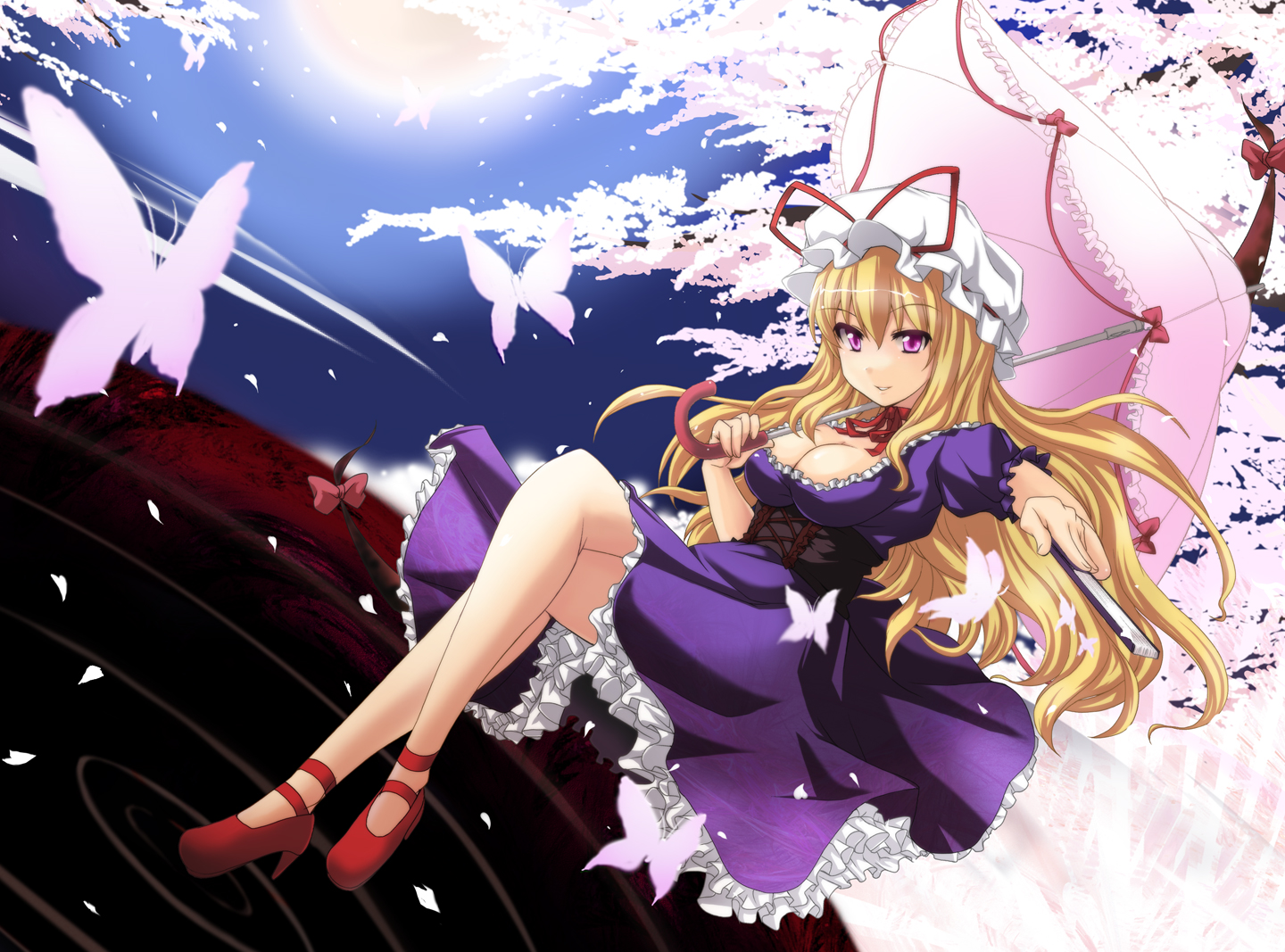 blonde_hair, breasts, cleavage, dress, hat, long_hair, night, petals, purple_eyes, shinjitsu207, touhou, tree, umbrella, yakumo_yukari