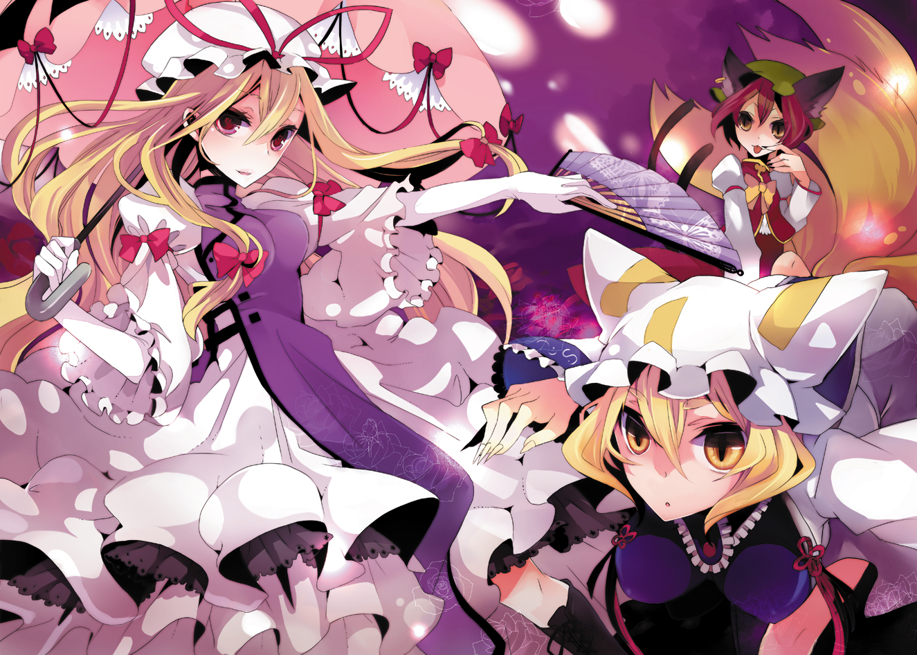animal_ears, blonde_hair, bow, brown_eyes, brown_hair, catgirl, chen, elbow_gloves