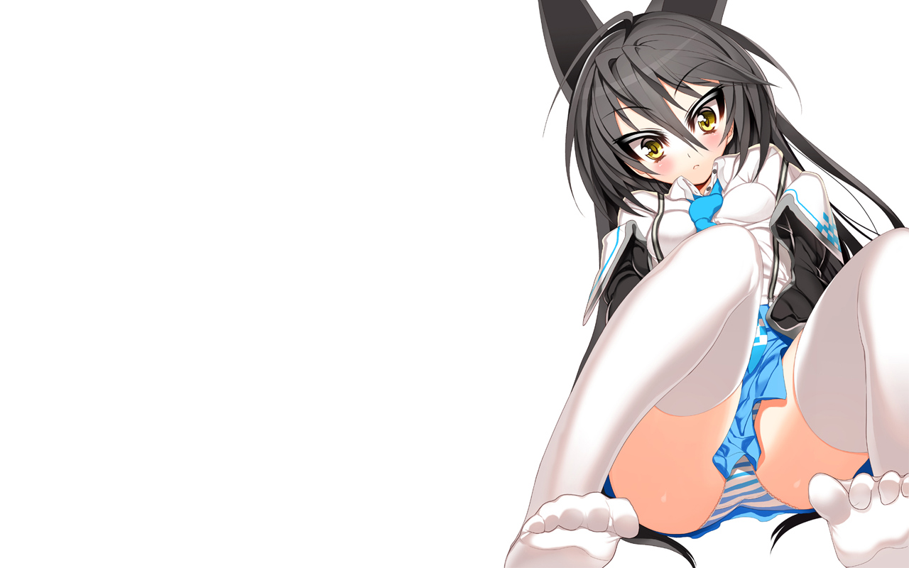 animal_ears, black_hair, blush, ch@r, long_hair, necro-san, original, panties, skirt, striped_panties, thighhighs, tie, underwear, yellow_eyes