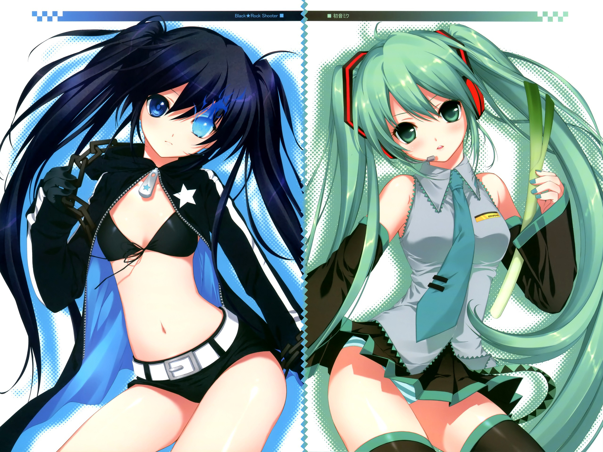 black_rock_shooter, blue_eyes, chain, dmyo, hatsune_miku, kuroi_mato, twintails, vocaloid