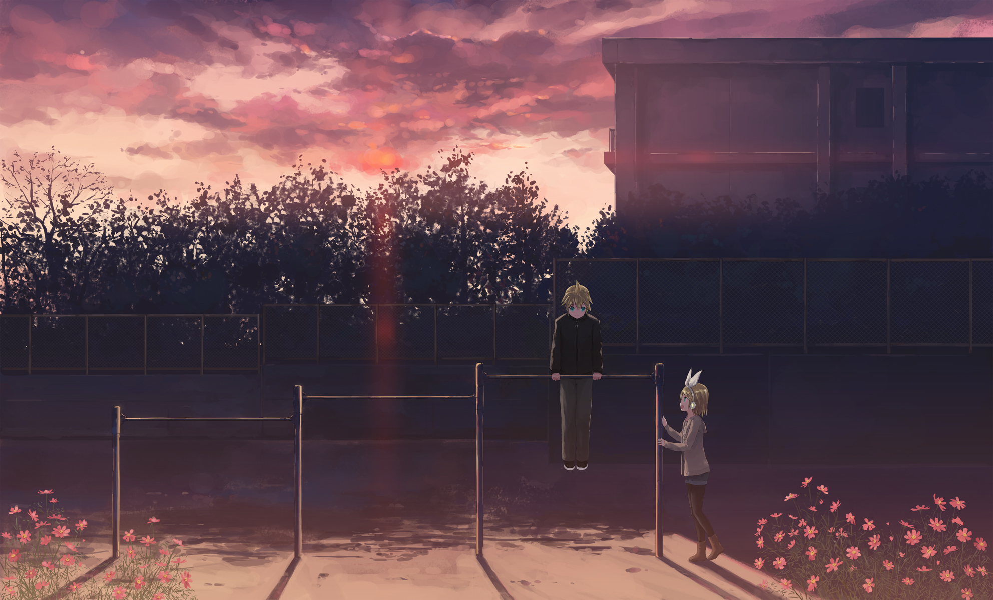 aqua_eyes, blonde_hair, boots, building, clouds, flowers, headband, headphones