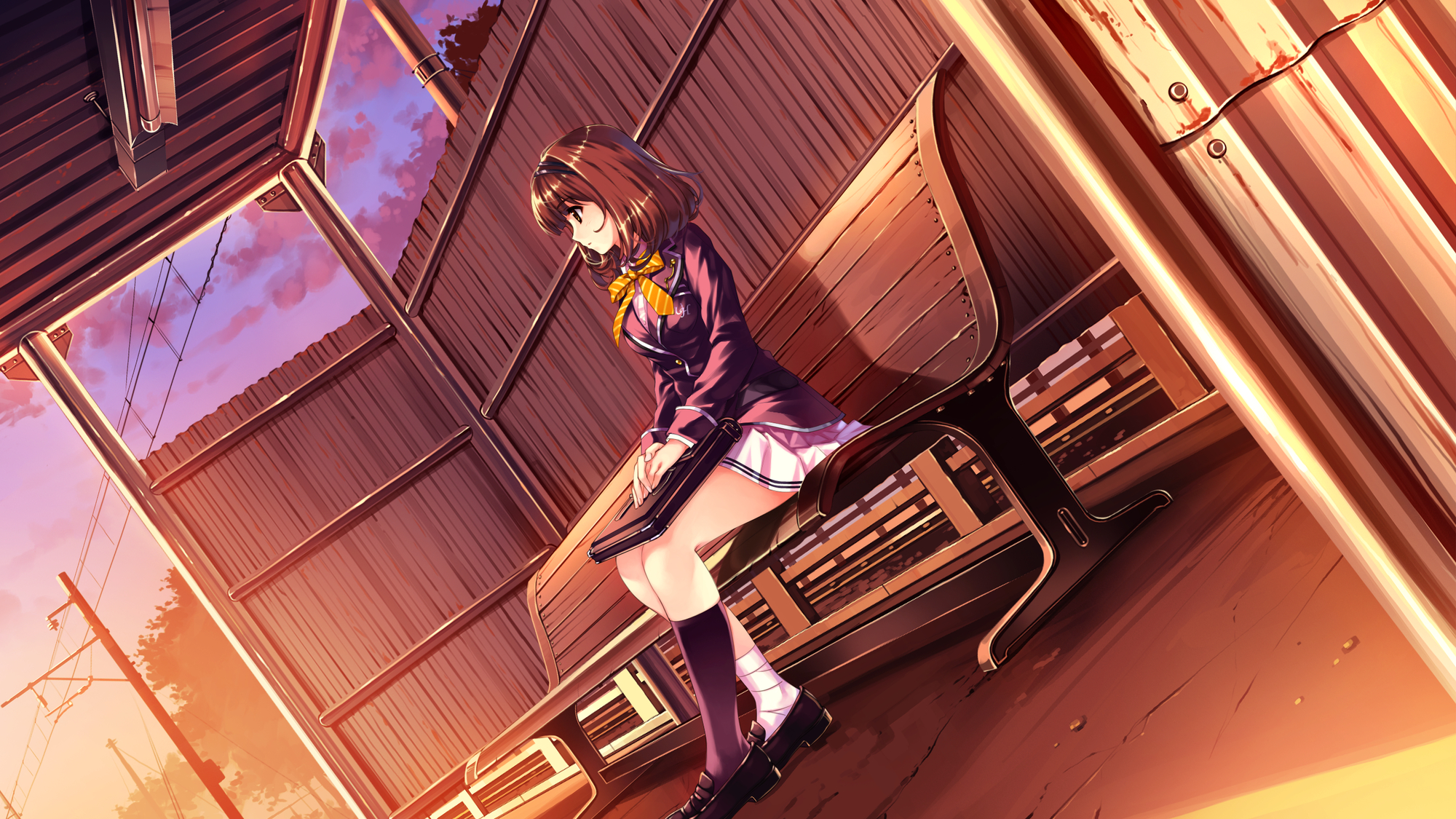 bandage, brown_eyes, brown_hair, game_cg, misaki_kurehito, sasaki_kaori, school_uniform, short_hair, trumple, ushinawareta_mirai_wo_motomete