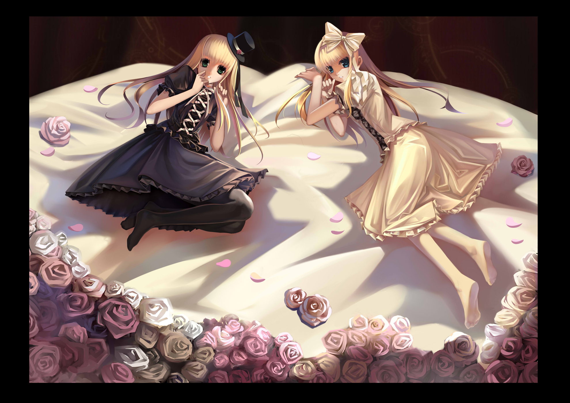 blonde_hair, blue_eyes, dress, flowers, gothic, goth-loli, green_eyes, hat