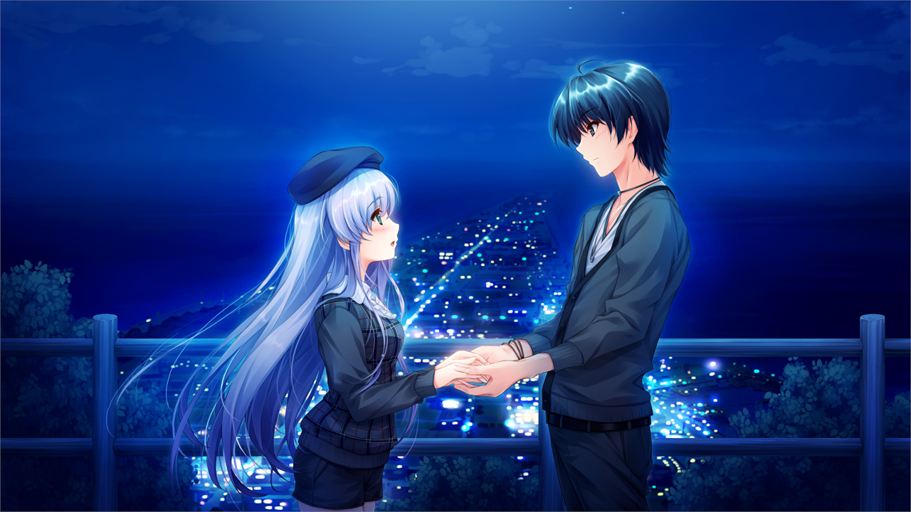 akiyama_sou, aqua_eyes, blue_hair, furukawa_yui, game_cg, kuroya_shinobu, misaki_kurehito, night, trumple, ushinawareta_mirai_wo_motomete