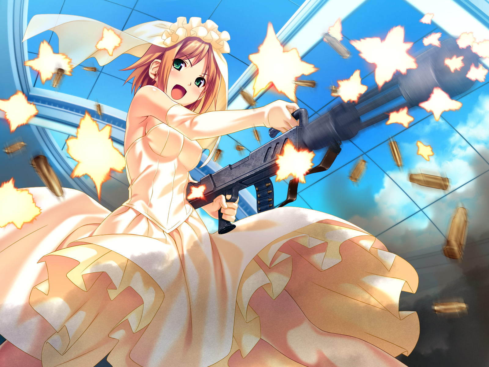dress, game_cg, green_eyes, gun, koutaro, minazuki_izumi, orange_hair, short_hair