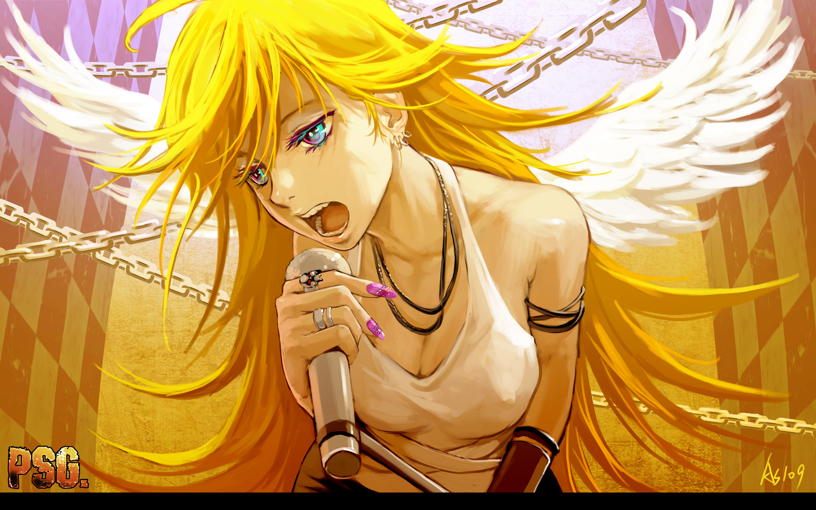 aqua_eyes, as109, blonde_hair, blue_eyes, long_hair, microphone, panty_(character), panty_&_stocking_with_garterbelt