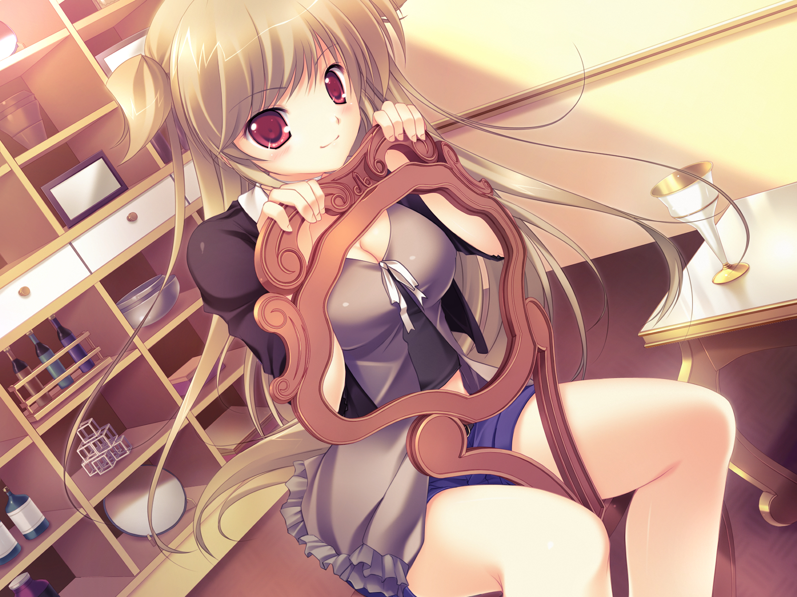 breasts, brown_hair, cleavage, game_cg, journey, mikeou, nanairo_kouro, nanami_haruka, red_eyes