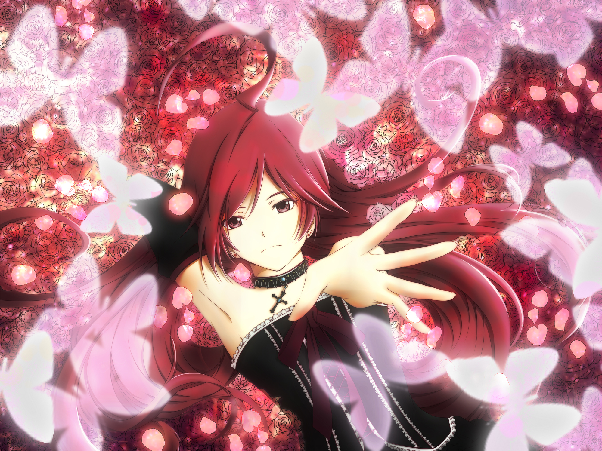 butterfly, flowers, miki_(vocaloid), mujun_(zipper), petals, red_eyes, red_hair, rose