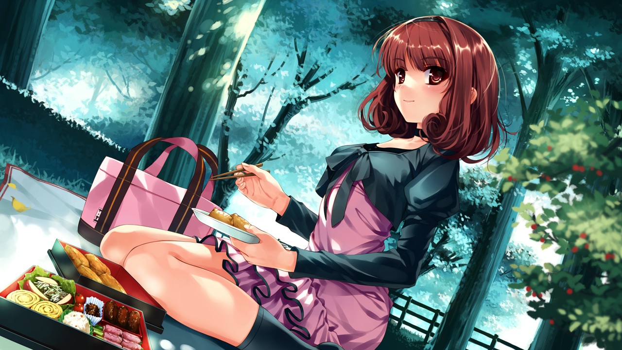brown_eyes, brown_hair, choker, dress, food, game_cg, kneehighs, misaki_kurehito