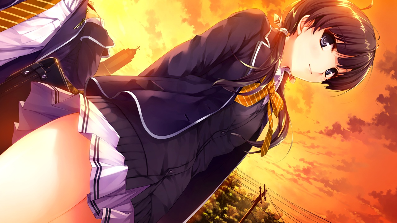 black_hair, game_cg, hasekura_airi, long_hair, misaki_kurehito, school_uniform, sunset, trumple, ushinawareta_mirai_wo_motomete