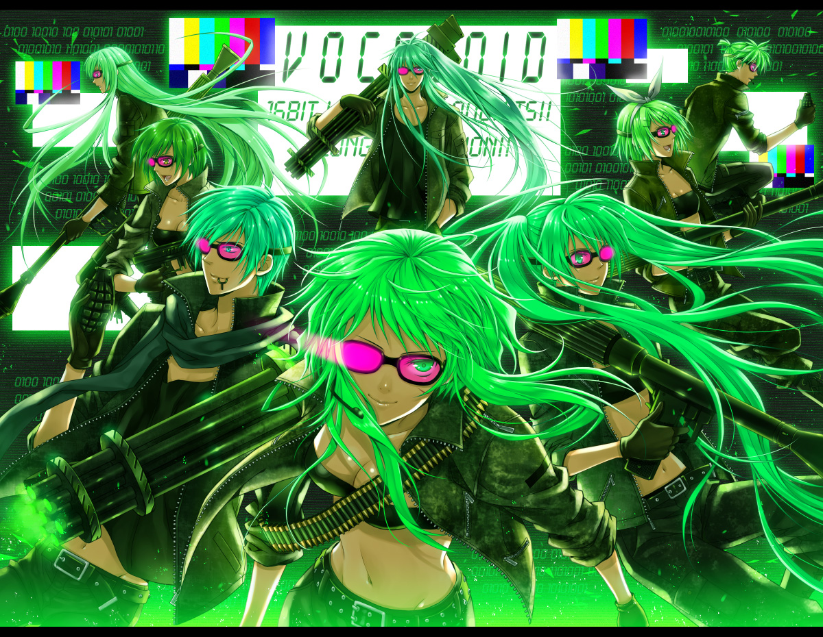 bokura_no_16bit_warz_(vocaloid), glasses, green, green_eyes, green_hair, group, gumi, gun, hatsune_miku, kagamine_len, kagamine_rin, kaito, kamui_gakupo, male, megurine_luka, meiko, polychromatic, vocaloid, weapon, yuuno_(yukioka)