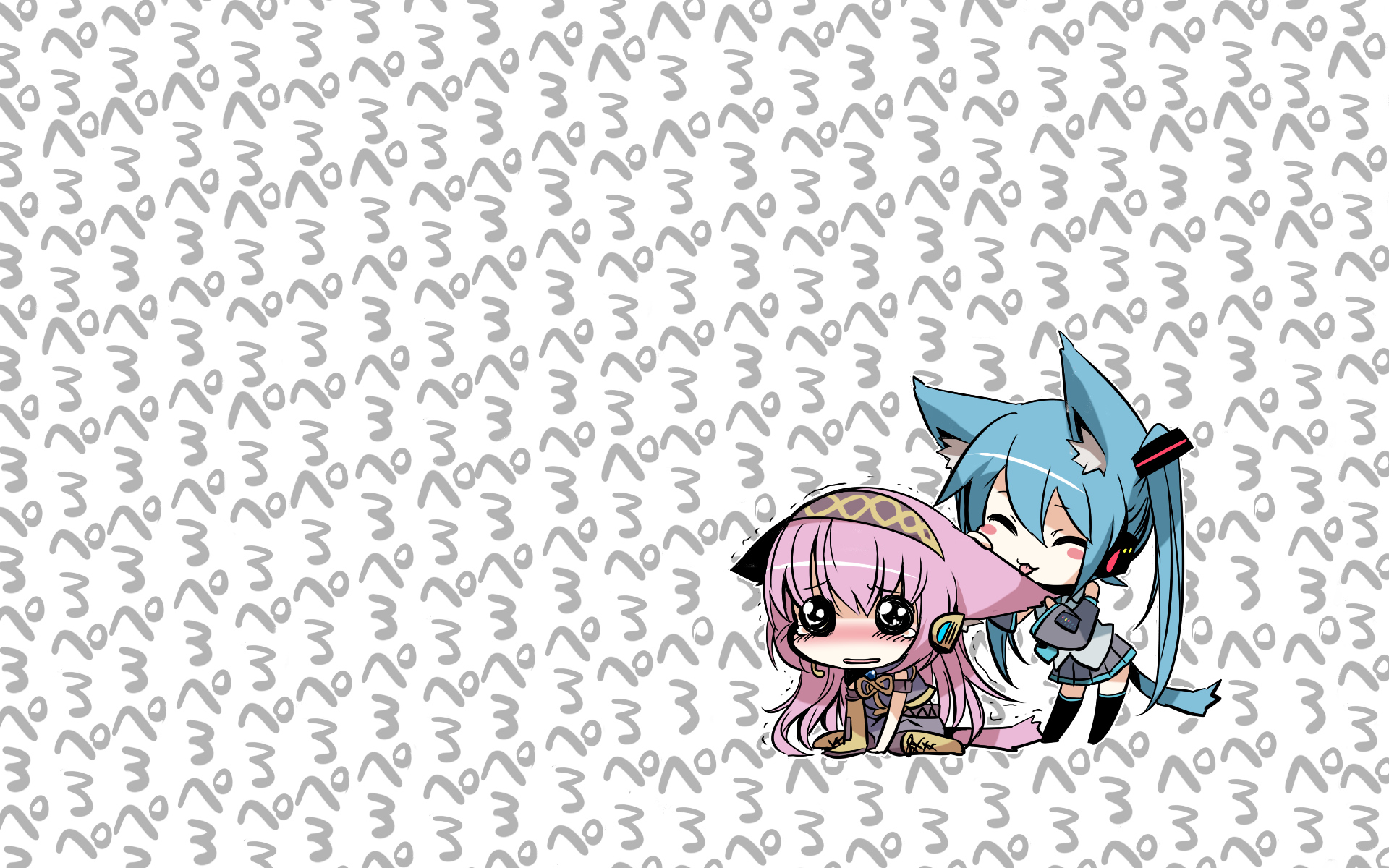 2girls, animal_ears, blush, cat_smile, chibi, hatsune_miku, megurine_luka, miz_01, tail, thighhighs, vocaloid