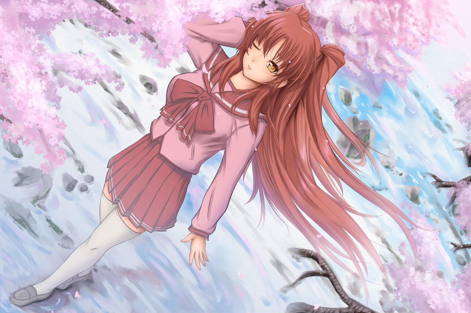 chakabo, cherry_blossoms, flowers, kousaka_tamaki, school_uniform, to_heart, to_heart_2