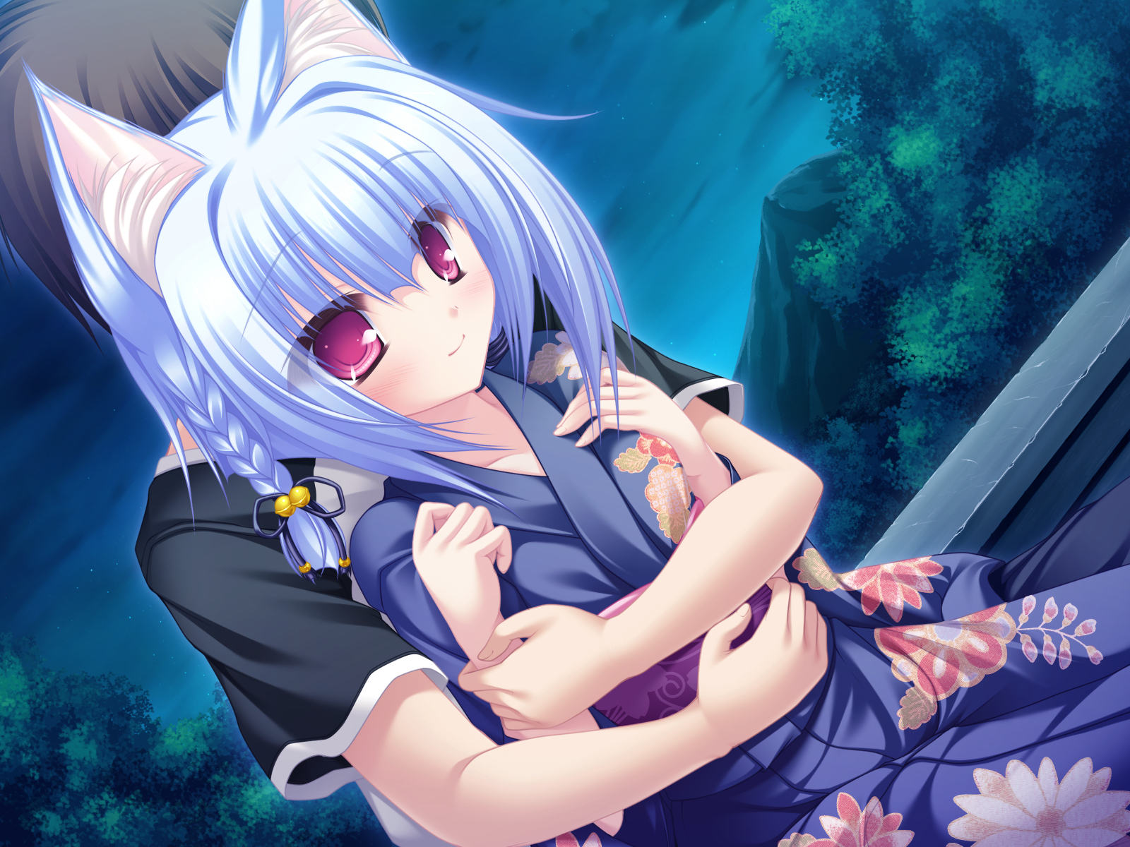 animal_ears, bell, blue_hair, blush, bow, catgirl, game_cg, hug