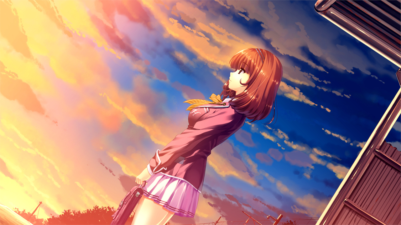 brown_hair, clouds, game_cg, misaki_kurehito, sasaki_kaori, school_uniform, short_hair, sky
